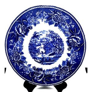 Vintage Arabia Finland Blue & White Windmill Man Fishing Scene Plate 10”